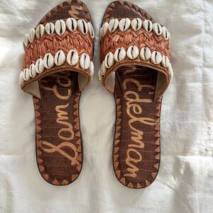 Sam Edelman Tan and White Shell Embellished Sandals